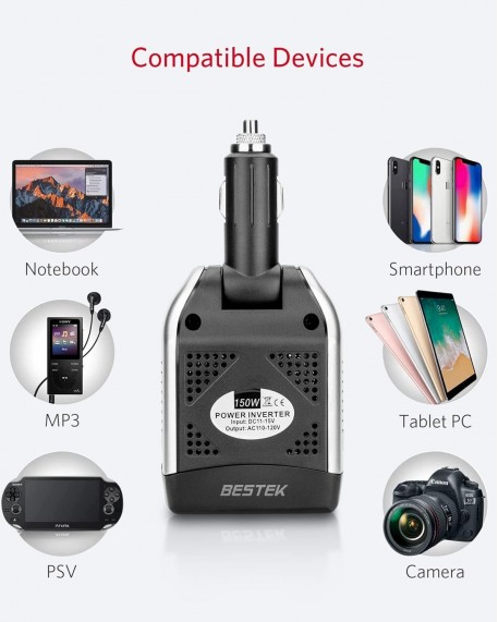 BESTEK 150W Power Inverter with PD 30W and QC 18W Dual Charging Ports